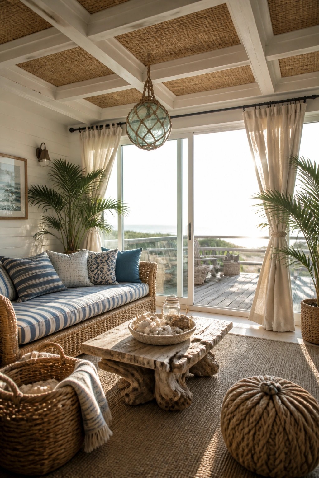 A bright interior room with a white wood coffered ceiling featuring woven natural panels, a striped sofa, wooden coffee table, and large glass doors opening to a deck.