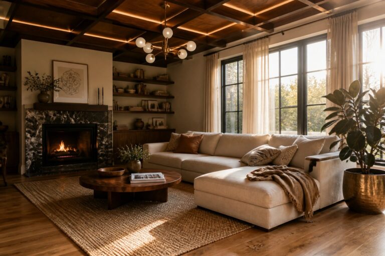A living room with a dark wood coffered ceiling featuring integrated linear lighting, a beige sectional sofa, a round wood coffee table on a jute rug, and large windows with sunlight coming through.
