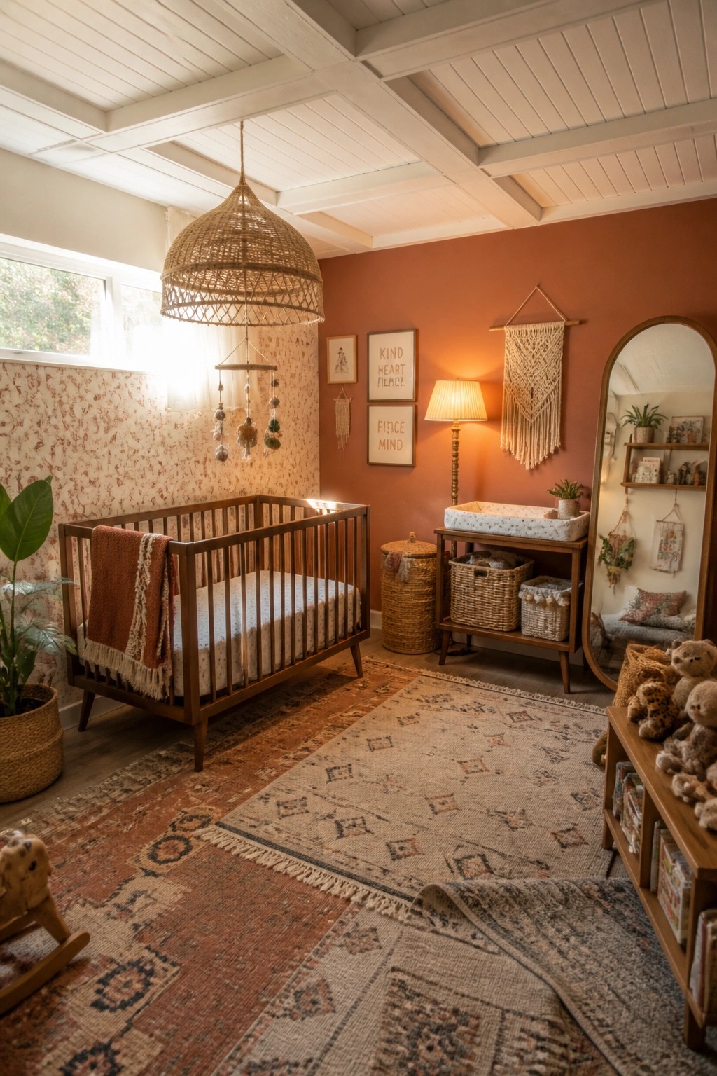 A nursery room featuring a white wood coffered ceiling above terracotta walls, with a wooden crib and layered rugs on the floor.