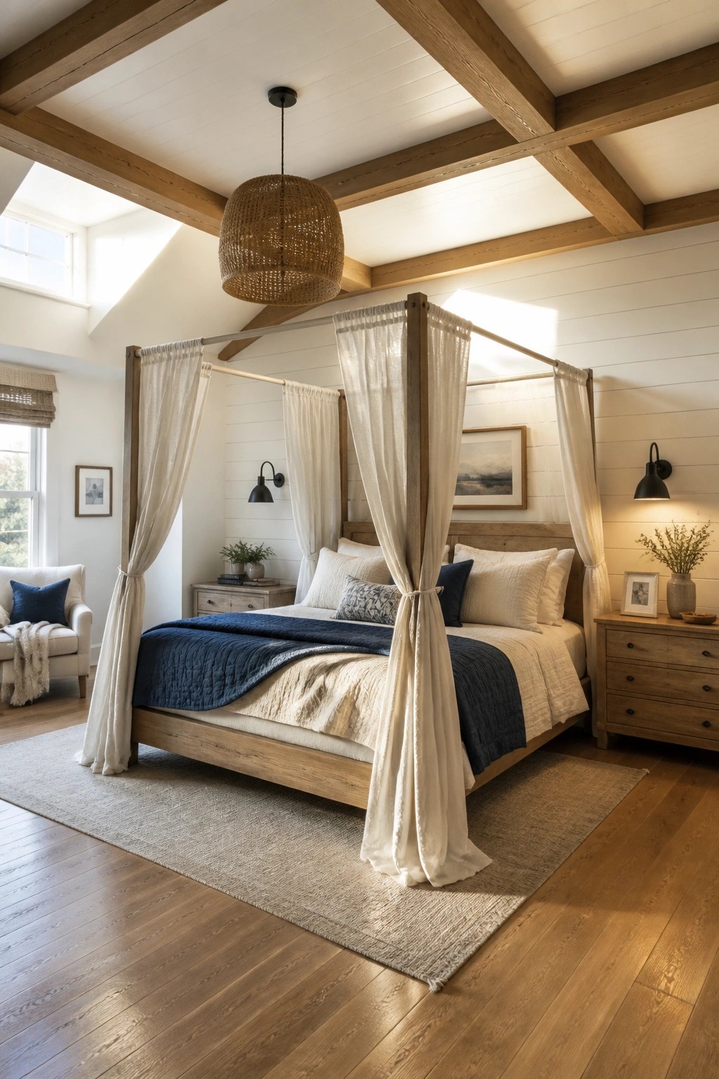 A bedroom with a four-poster bed under a vaulted ceiling featuring exposed wooden beams and a woven pendant light.