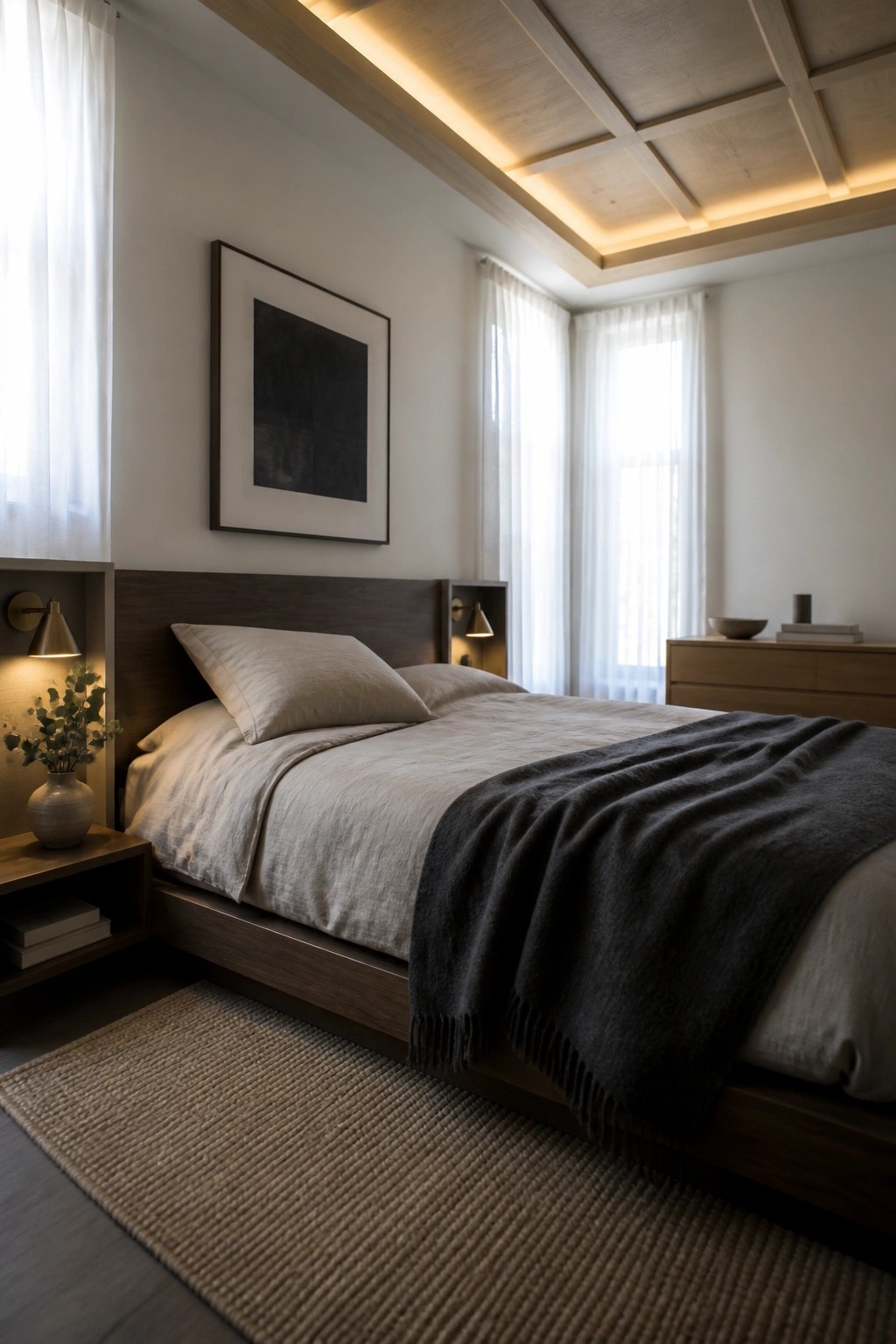 A bedroom with a wood coffered ceiling featuring recessed lighting, a dark wood bed frame, light linen bedding, a dark throw blanket, and a framed artwork above the headboard.