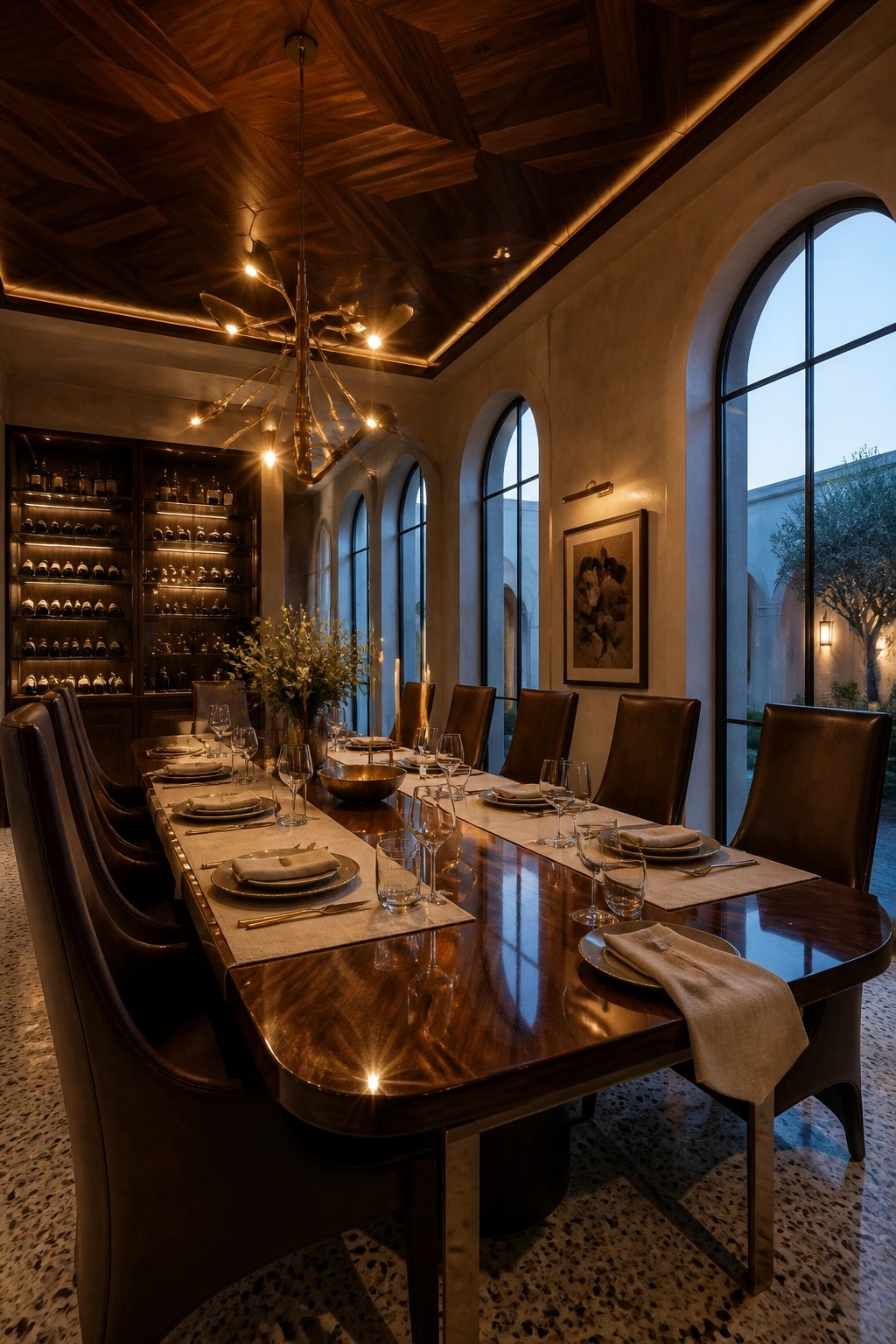 A dining room with a geometric wood coffered ceiling, long table, leather chairs, and large arched windows.