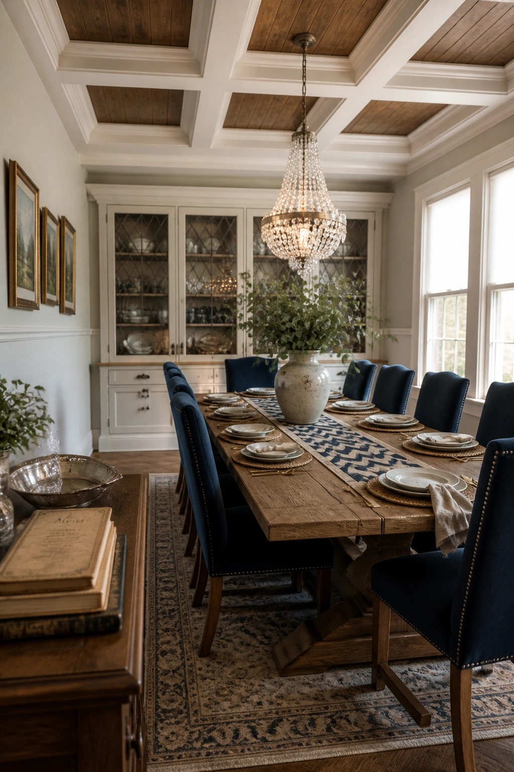 A dining room with a wood coffered ceiling, a long wooden table, blue upholstered chairs, and a crystal chandelier hanging above a large vase of greenery.