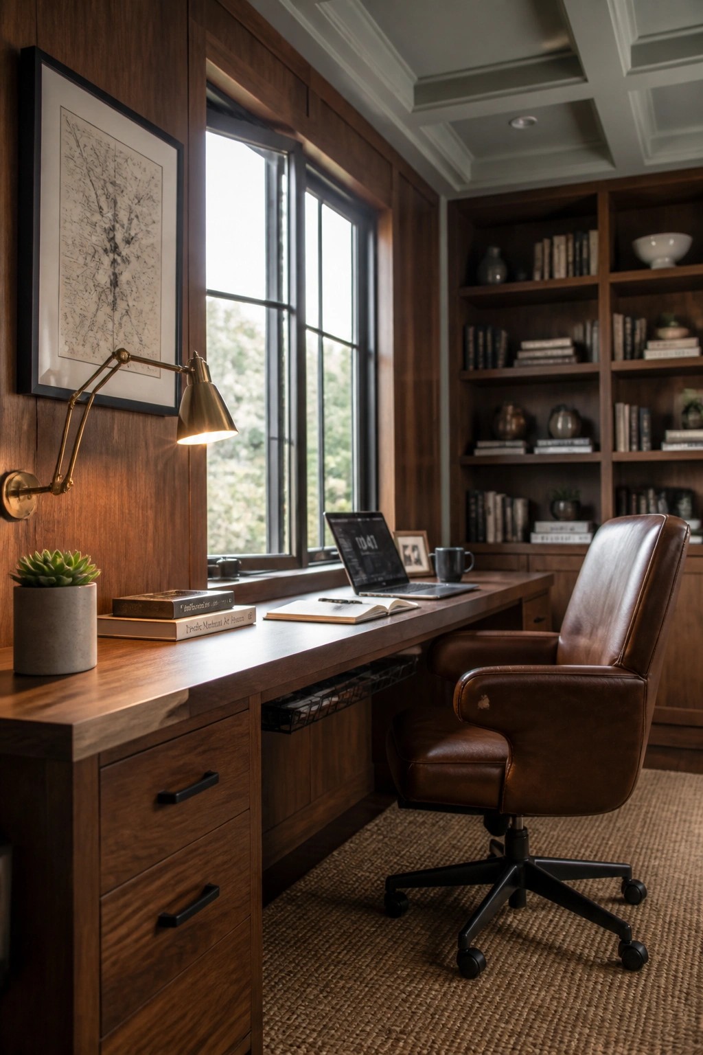 A home office with dark wood walls, a coffered ceiling, built-in bookshelves, a wooden desk, and a brown leather office chair.