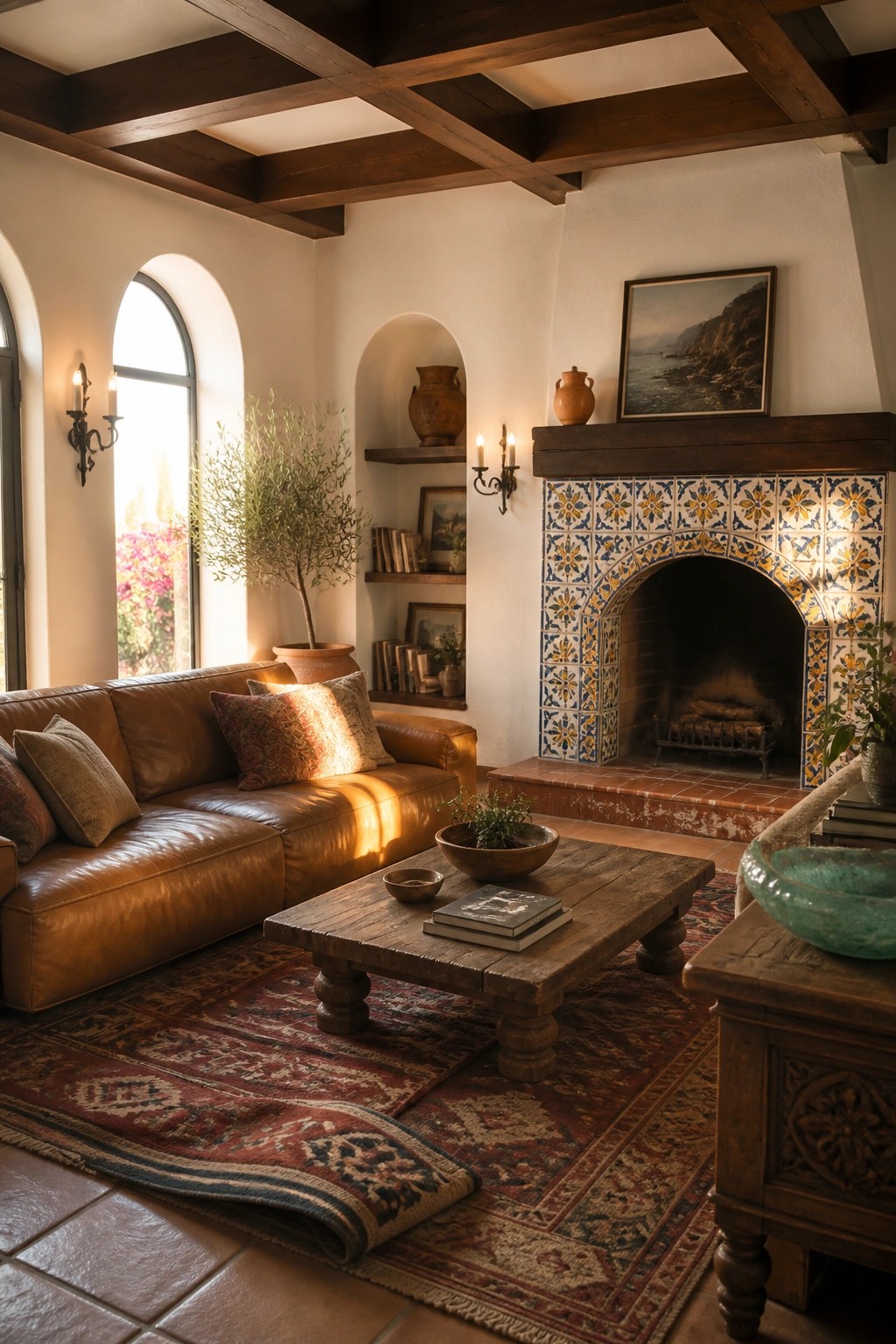 A living room with a dark wood coffered ceiling, brown leather sofa, wooden coffee table on a patterned rug, and a tiled fireplace with arched opening.