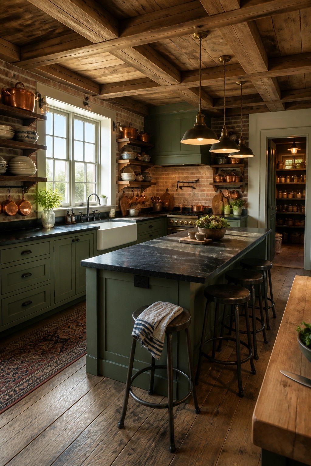 A spacious kitchen featuring a dark wood coffered ceiling, sage green cabinetry, a large island with metal stools, open shelving with copper cookware, and exposed brick walls.