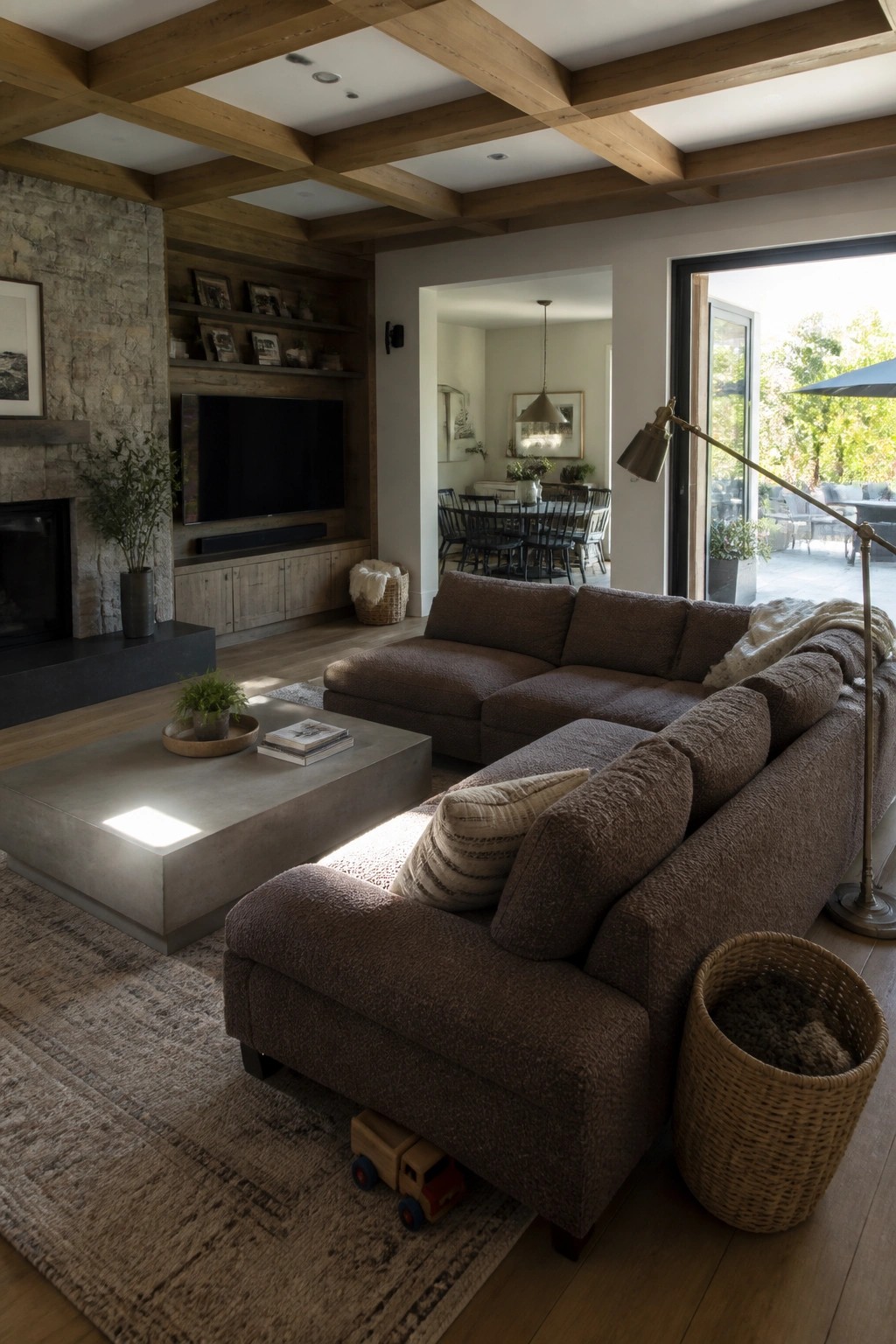 A living room interior showing a wood coffered ceiling, brown sectional sofa, concrete coffee table, and stone fireplace wall with built-in TV.