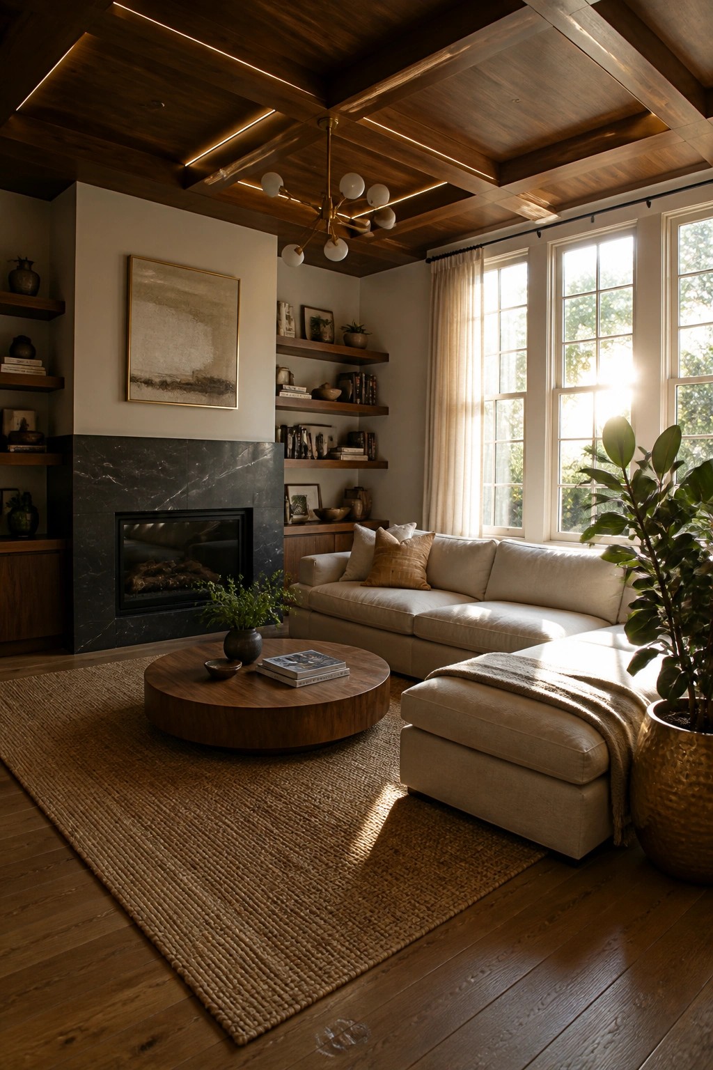 A living room with a dark wood coffered ceiling featuring integrated linear lighting, a beige sectional sofa, a round wood coffee table on a jute rug, and large windows with sunlight coming through.