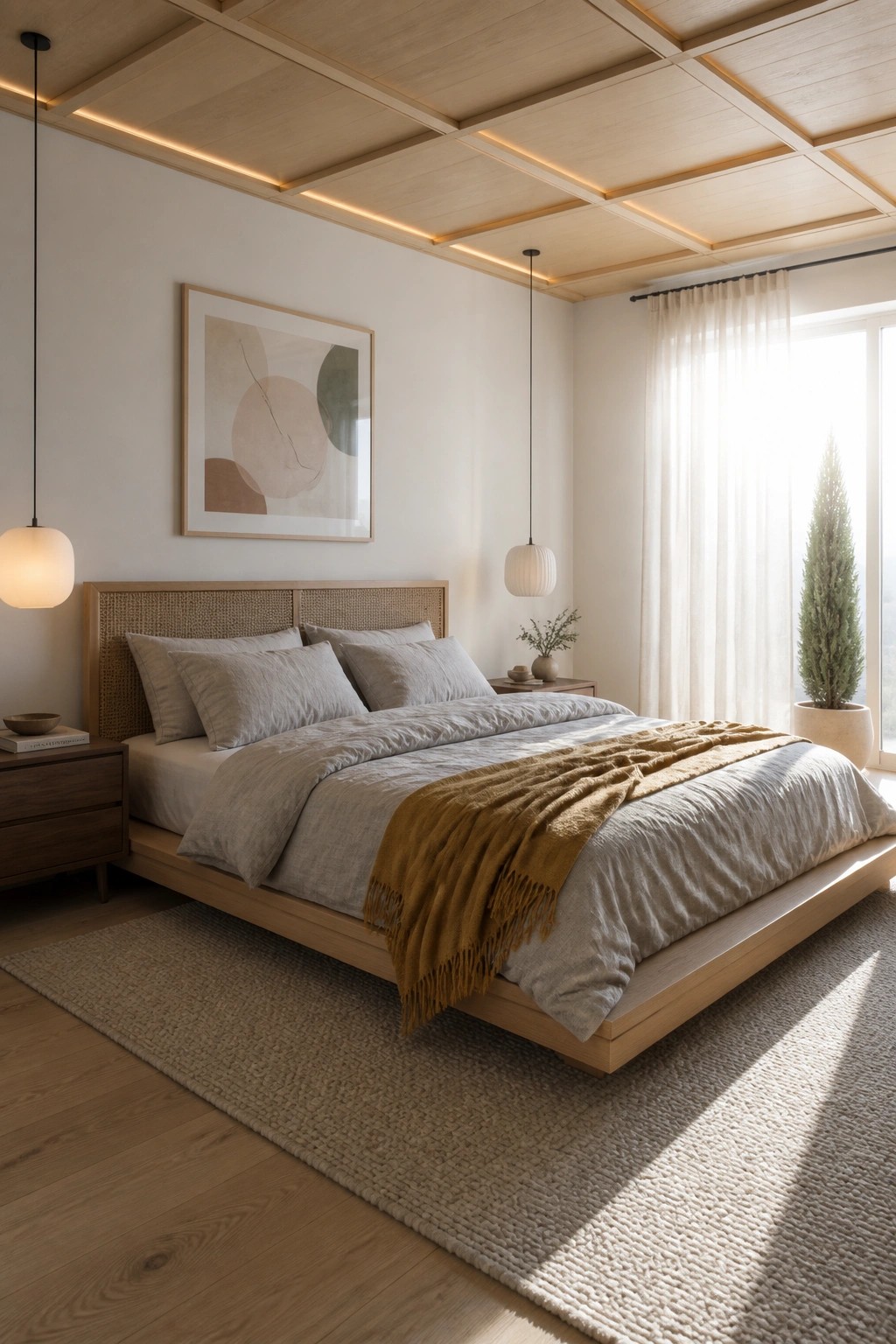 A bedroom with a light wood coffered ceiling featuring integrated perimeter lighting above a low wooden platform bed.