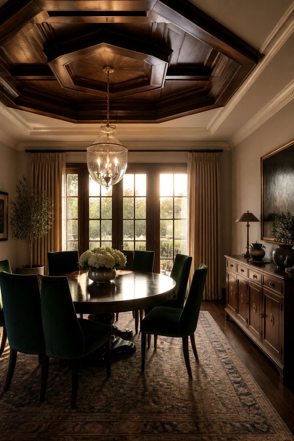 A formal dining room featuring a dark wood coffered ceiling with an octagonal center panel, a round wooden table, green upholstered chairs, and large windows with beige curtains.
