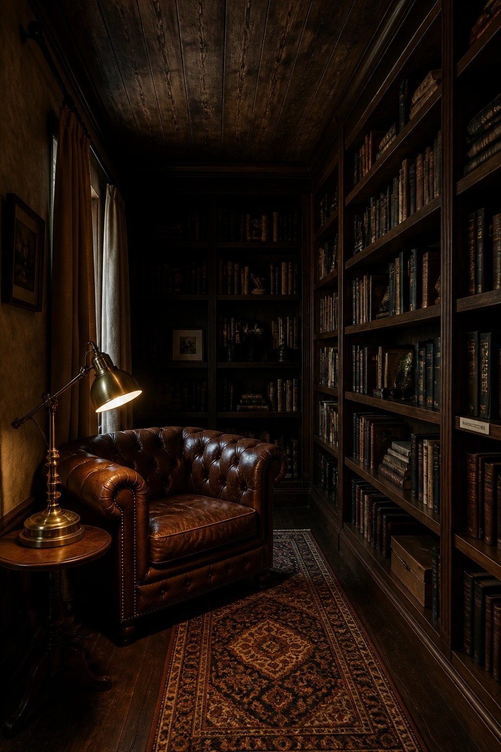 Dimly lit library with leather armchair, glowing brass lamp, and tall bookshelves