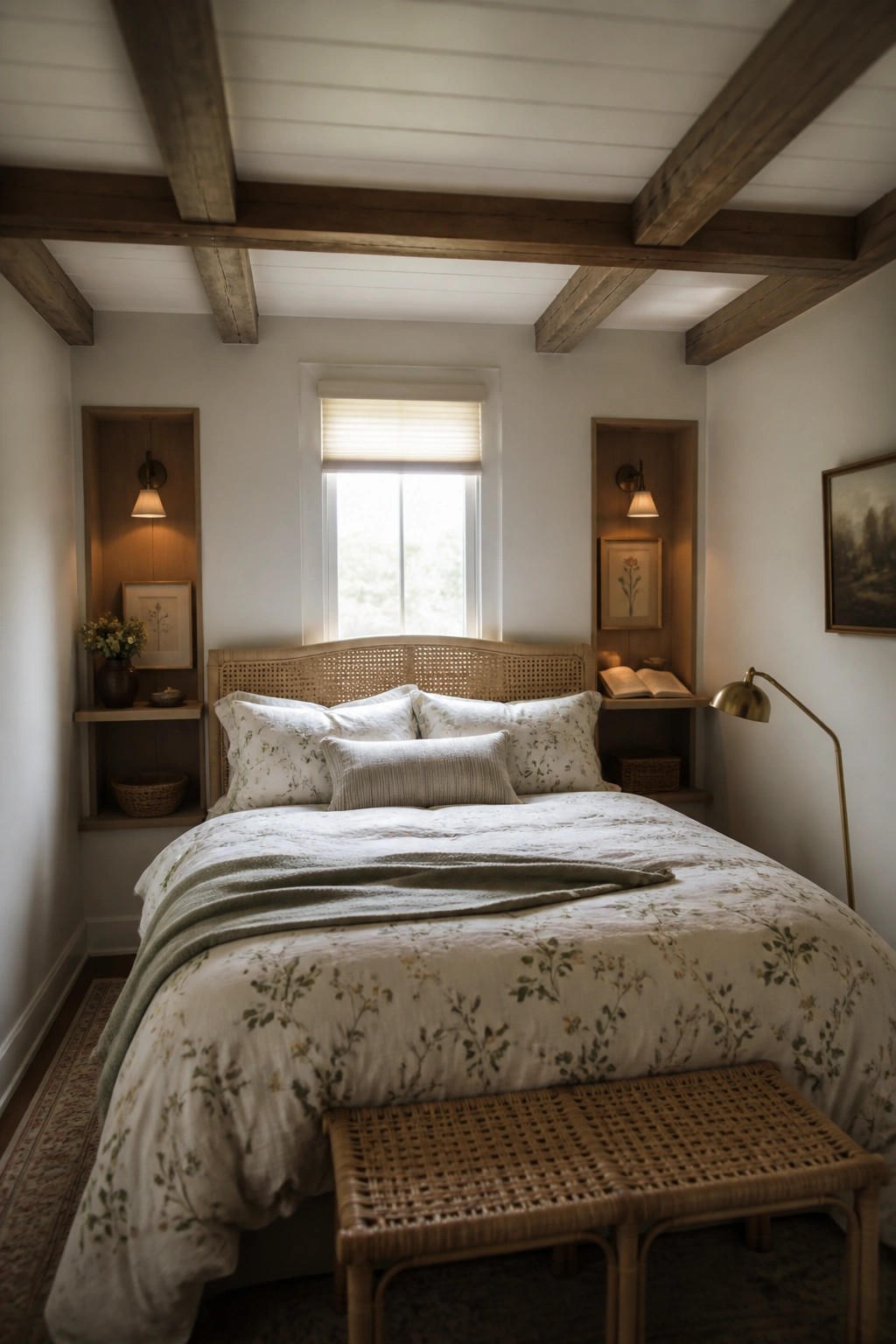 A bedroom interior showing a white ceiling with exposed dark wood beams, a bed with floral linens, and built-in niches flanking a window.