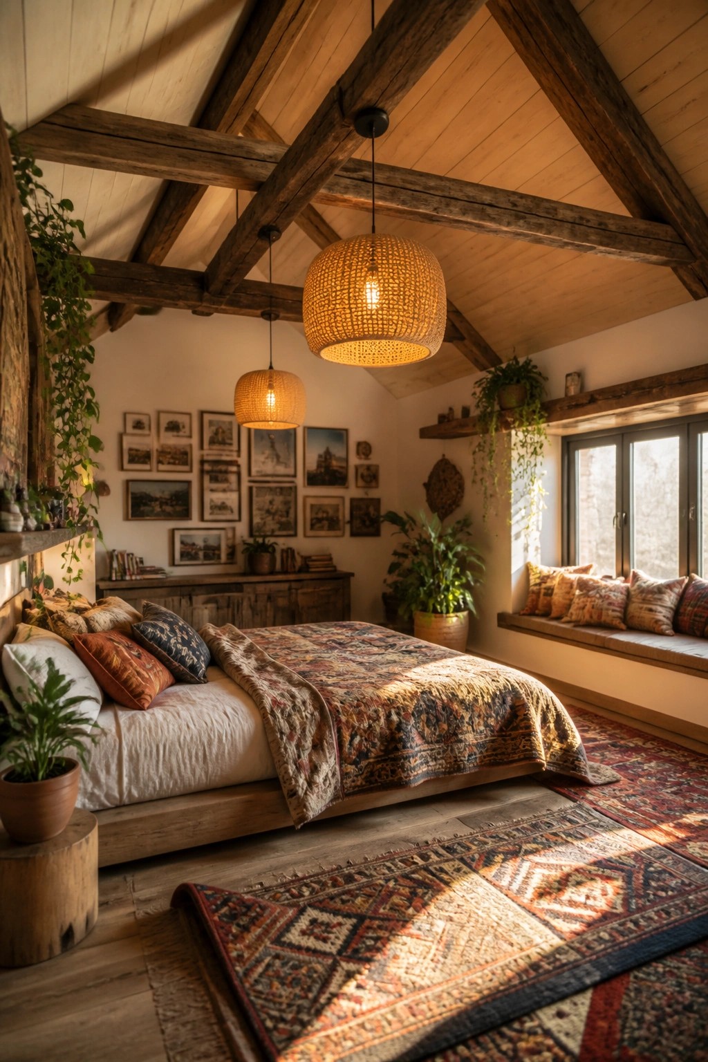 A bedroom interior with a vaulted wood ceiling showing dark exposed beams, hanging woven pendant lights, and a bed with patterned textiles.