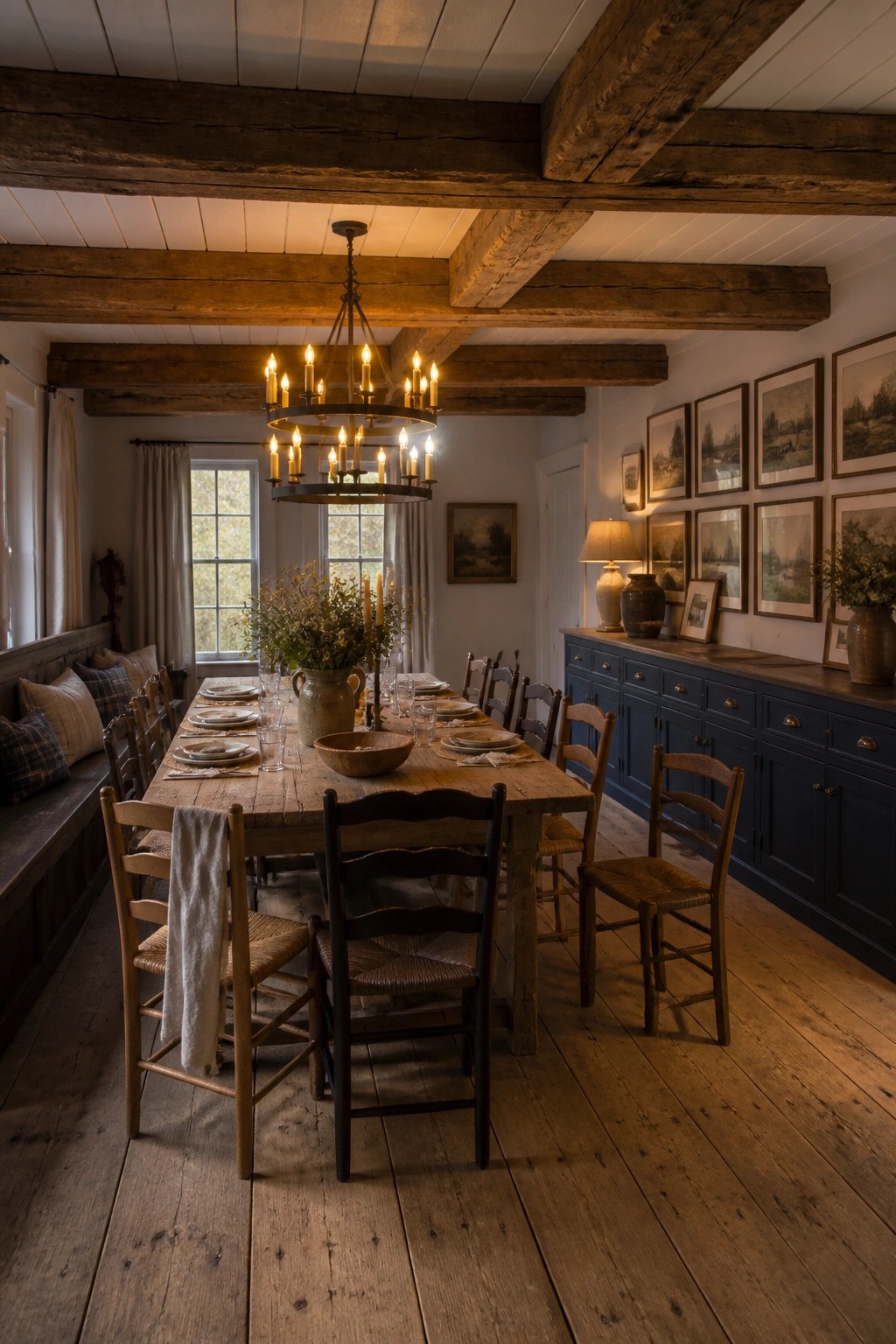 A dining room with a long wooden table, mixed chairs, and prominent exposed wooden ceiling beams lit by a chandelier.