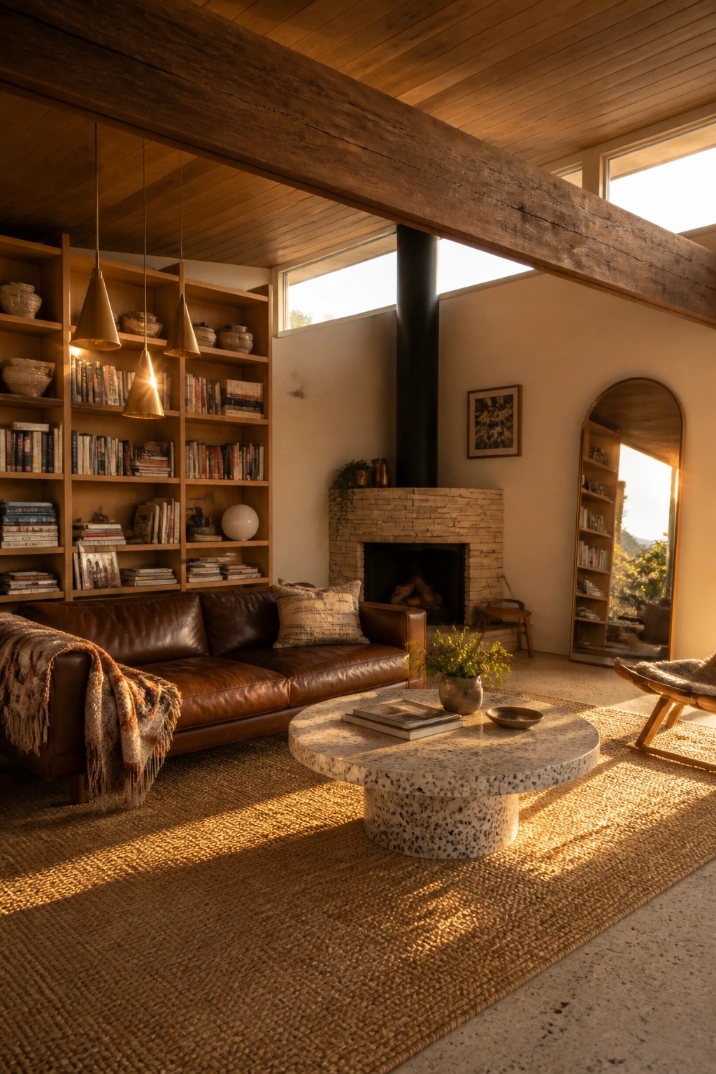 A living room with a vaulted wood ceiling, large exposed beams, built-in bookshelves, a brown leather sofa, and a round stone coffee table.