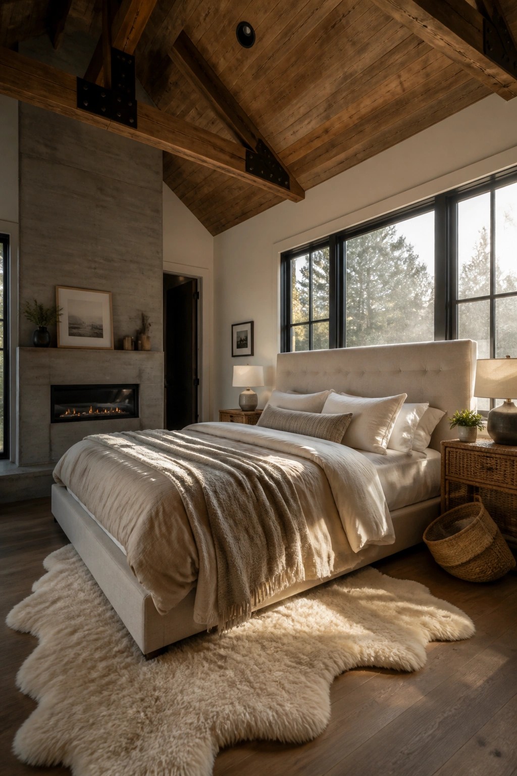 A bedroom interior with a vaulted wood ceiling showing exposed beams and metal brackets, a large bed with neutral bedding, and a concrete fireplace on the left wall.