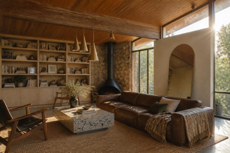23 Stunning Wood Ceiling Ideas That Transform Ordinary Rooms Into Architectural Features A living room with a vaulted wood ceiling, large exposed beams, built-in bookshelves, a brown leather sofa, and a round stone coffee table.