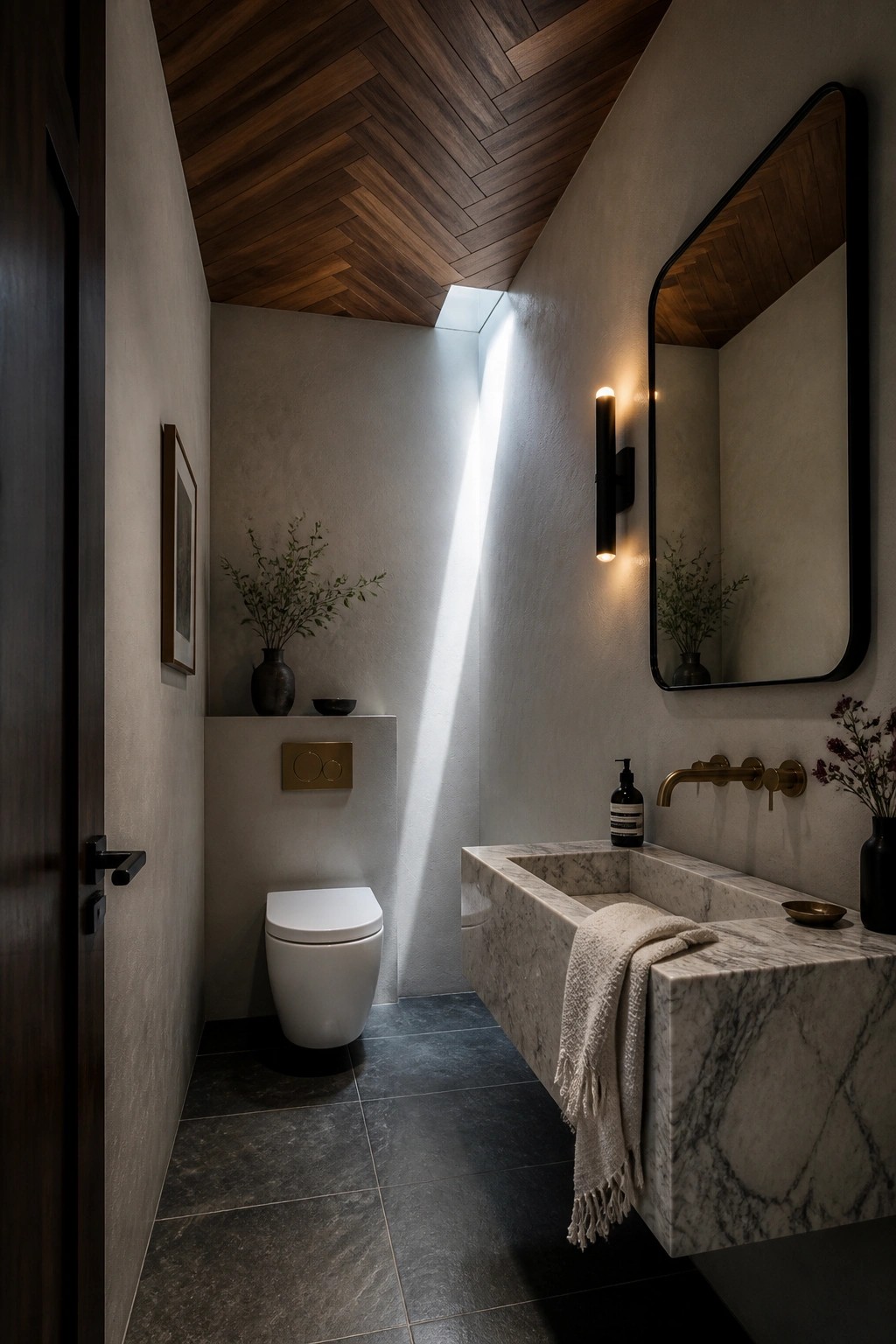 A narrow bathroom with a herringbone wood ceiling, concrete walls, floating marble sink, white toilet, and a vertical light shaft from above.
