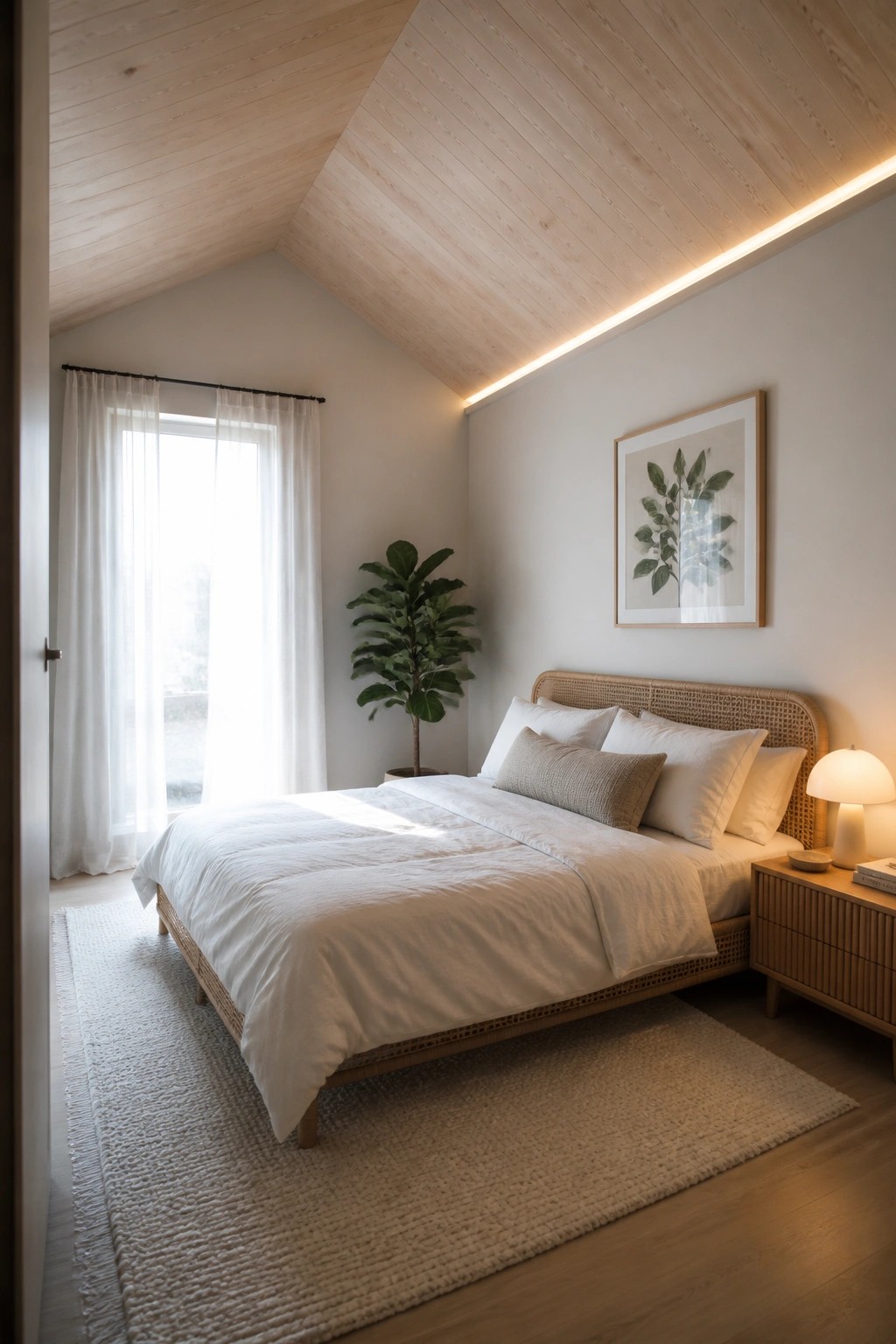 A bedroom with a sloped light wood ceiling, white bedding on a woven bed frame, a potted plant near the window, and a framed print above the nightstand.