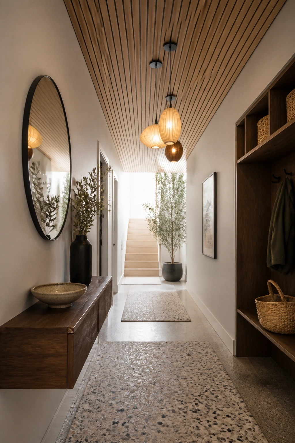 A long narrow hallway with a wood slat ceiling, pendant lights, terrazzo flooring, and a floating wood console table with a round mirror on the left wall.