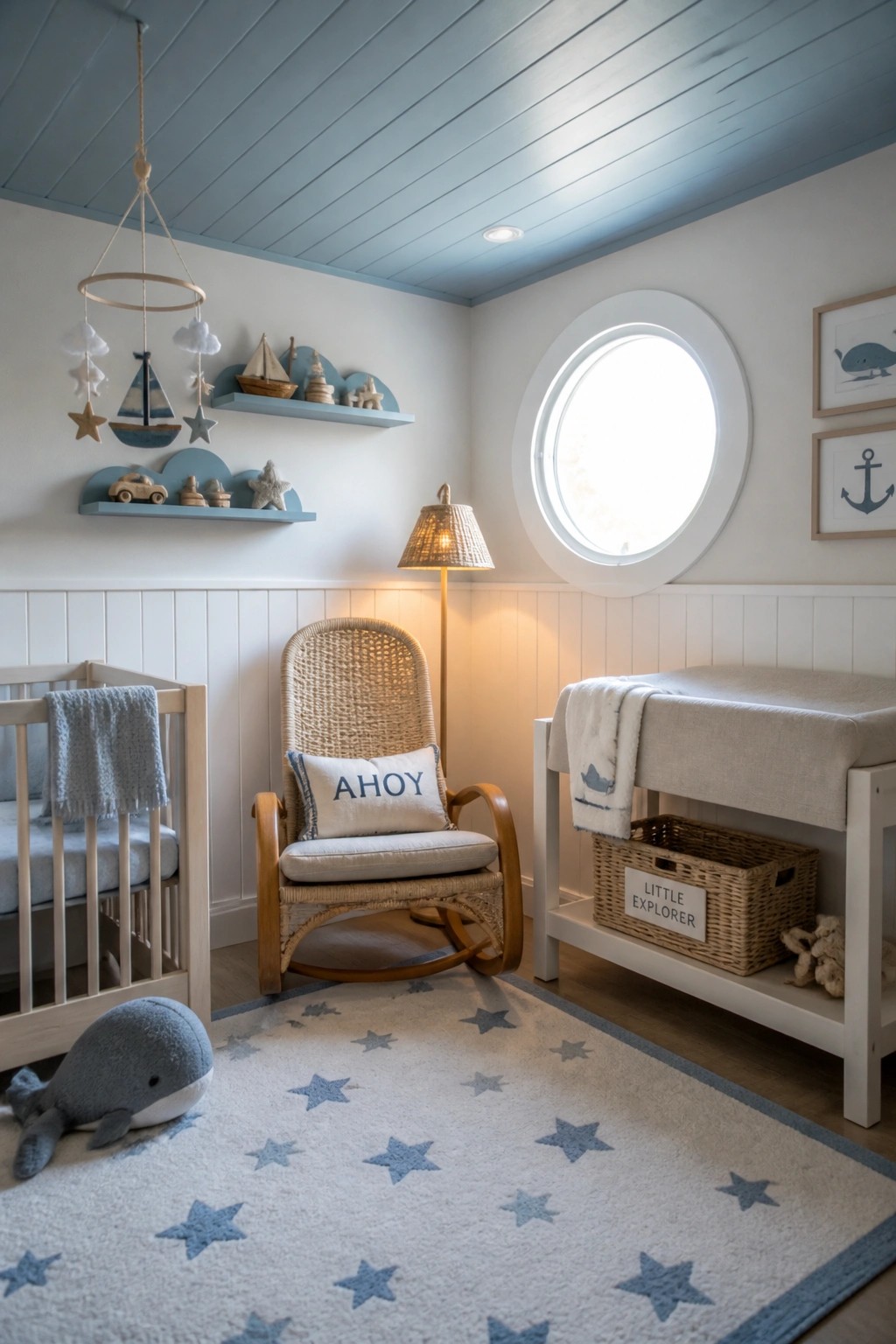 A nursery with a light blue wooden plank ceiling, white walls, a wicker rocking chair, a crib, and a changing table on a star-patterned rug.