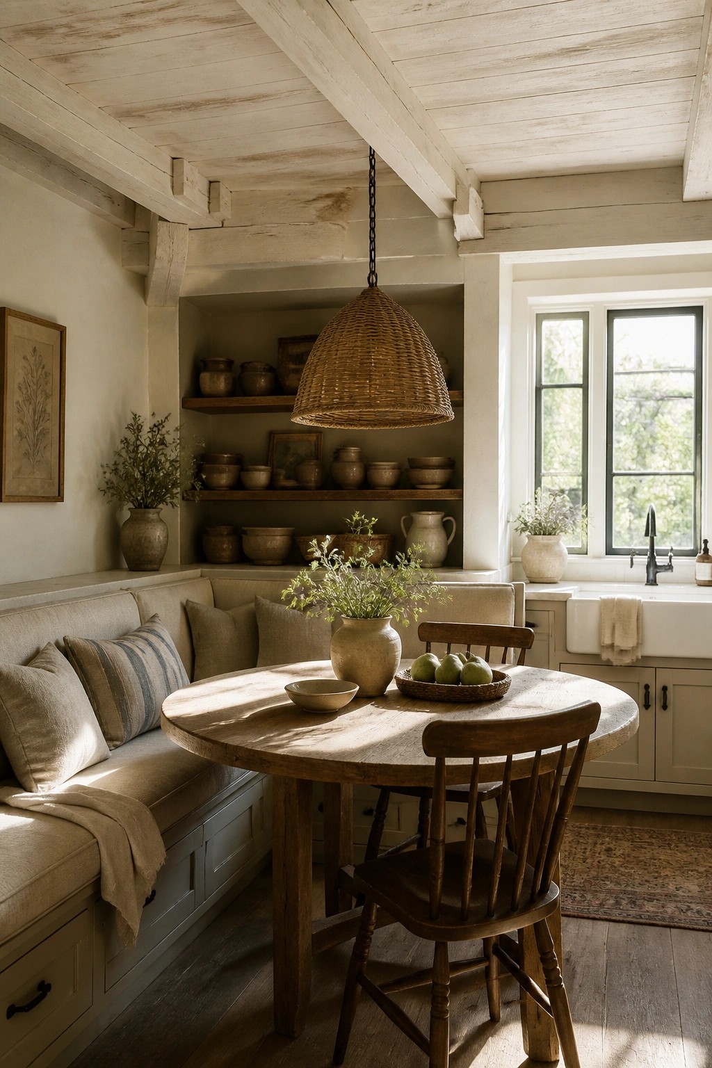 A dining space with a round wooden table, bench seating along the wall, open shelving, and a whitewashed wood ceiling with exposed beams and a woven pendant light.