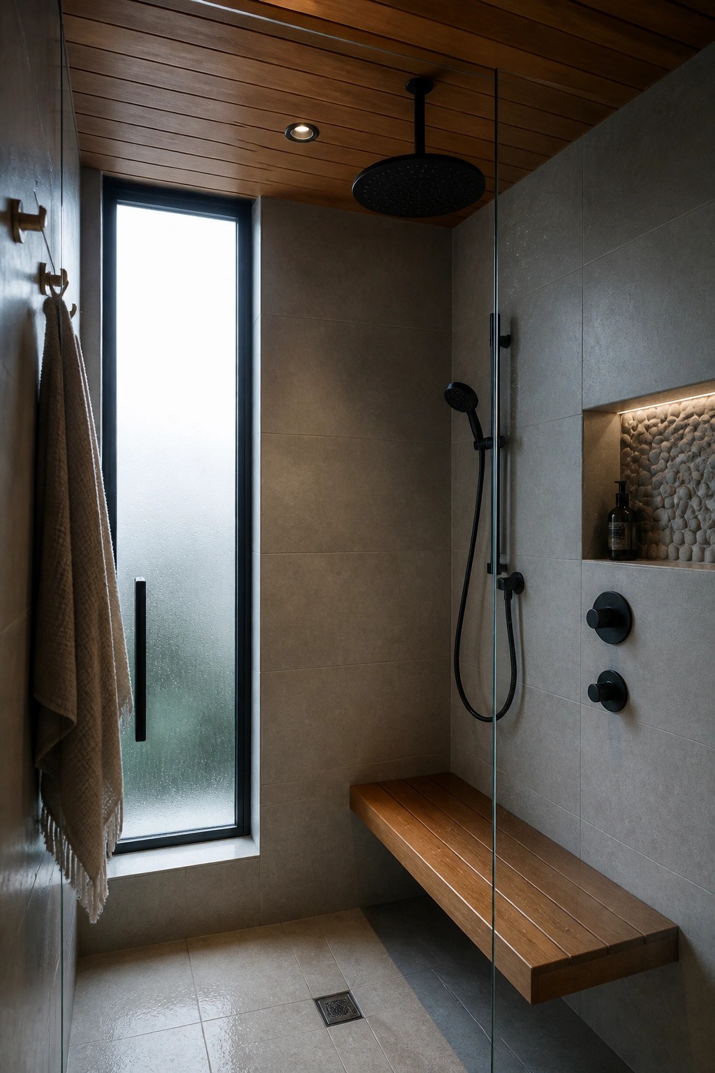 A modern bathroom shower with a wood plank ceiling, gray tile walls, black fixtures, and a built-in wooden bench.