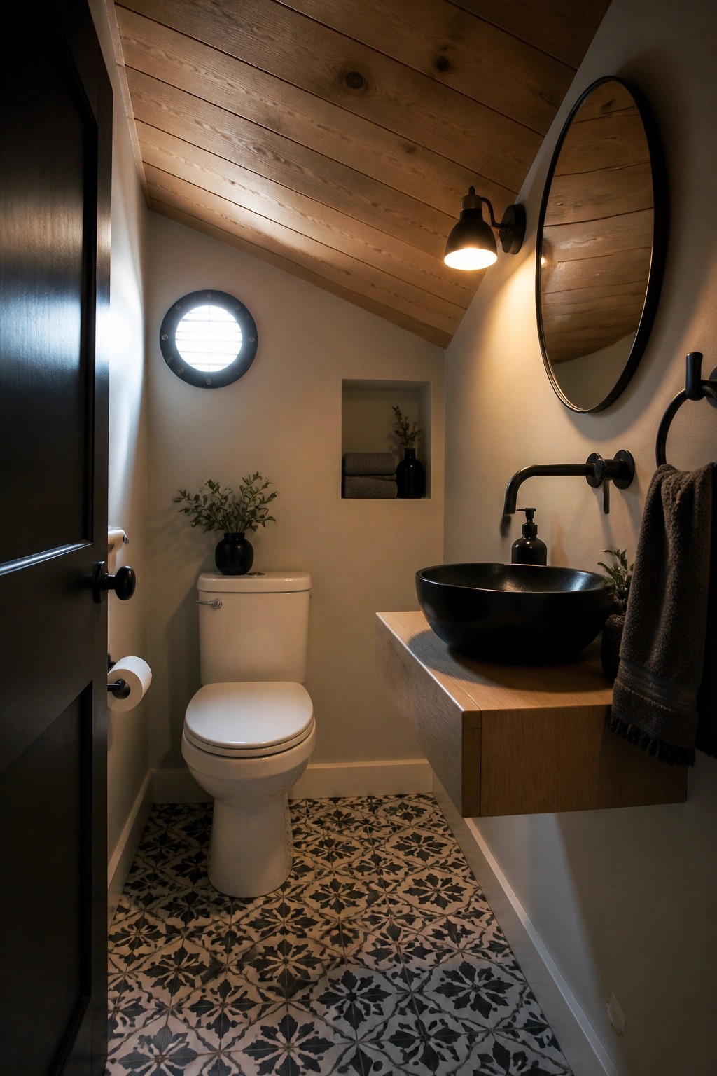 A narrow bathroom with a sloped wood plank ceiling, white walls, a round window, a toilet, and a black vessel sink on a floating wood vanity.