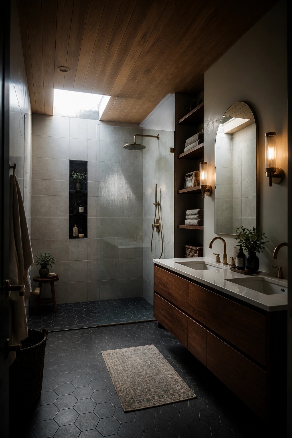 A bathroom interior with a wood plank ceiling, skylights, gray tiled shower area, wooden vanity with sinks, and dark hexagonal floor tiles.
