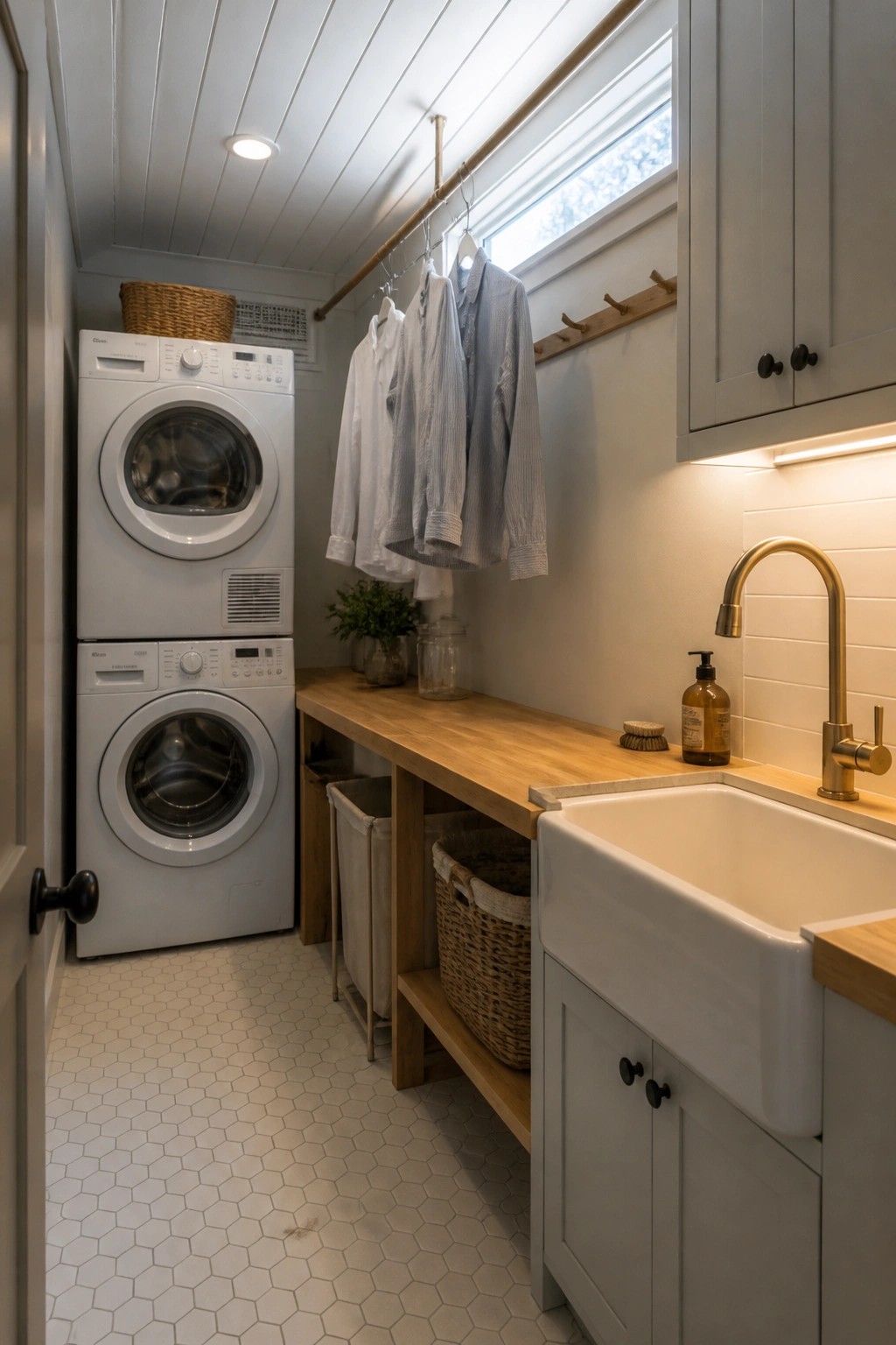 Stacked washer-dryer, hanging shirts, wooden counter, white sink, hexagonal tile floor