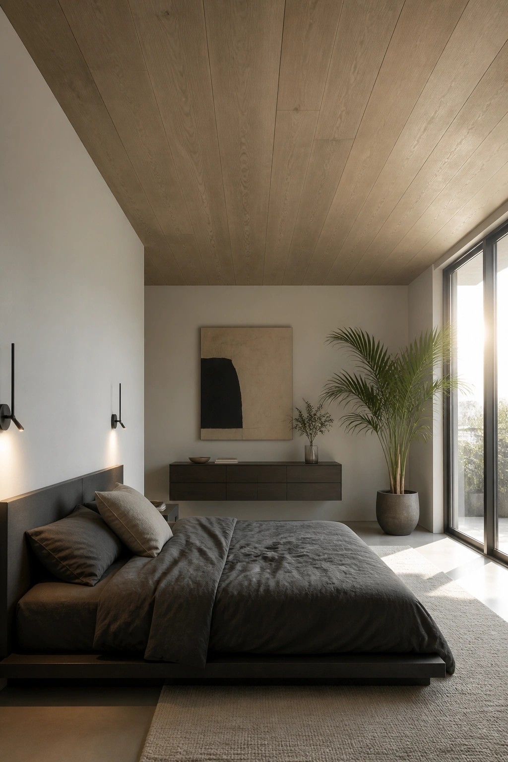 A modern bedroom featuring a light wood plank ceiling, a low platform bed with dark bedding, wall sconces, and a floating dark wood console beneath abstract art.