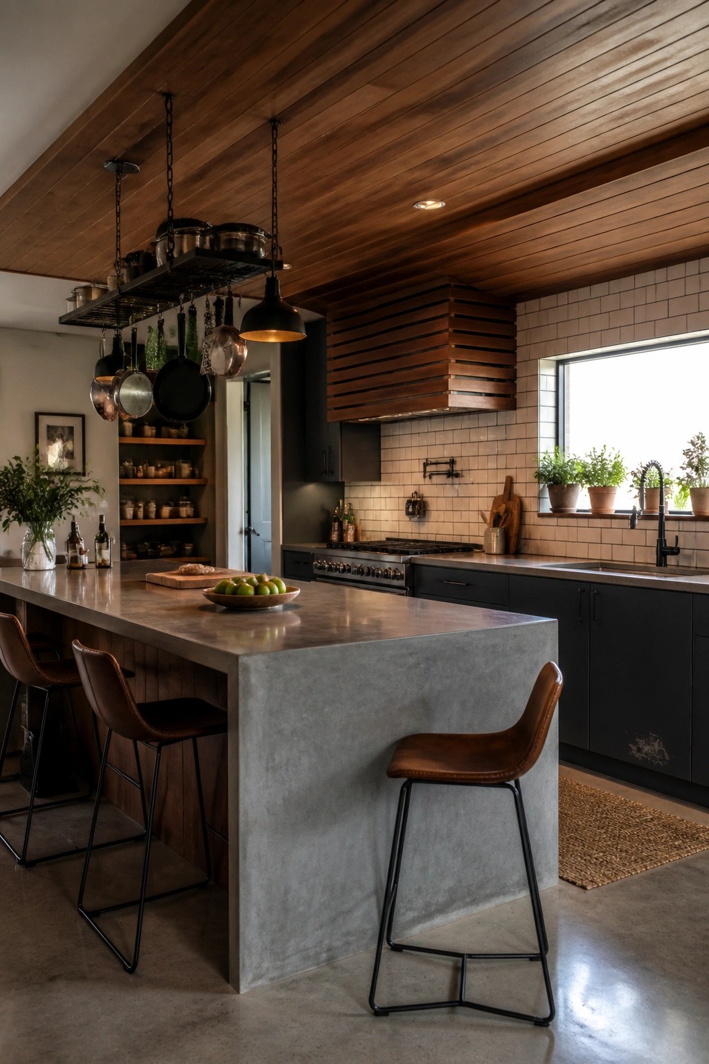 A modern kitchen with a wood plank ceiling, concrete island, dark cabinets, and leather bar stools.