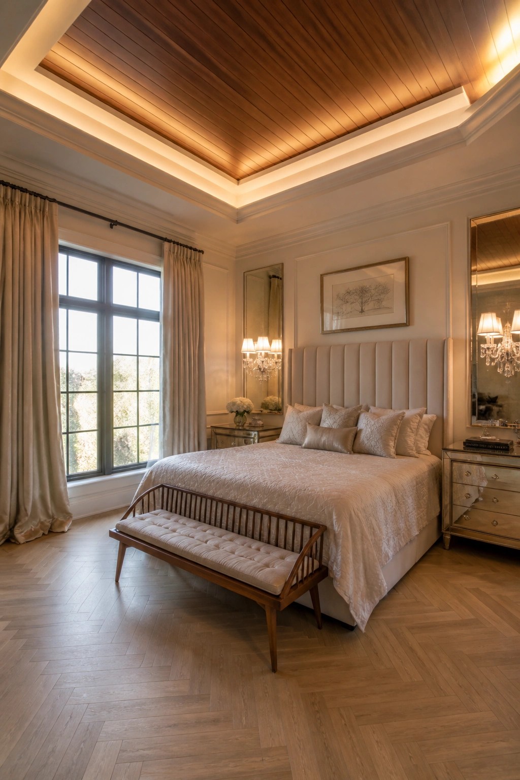 A bedroom with a wood plank ceiling lit by cove lighting, a large upholstered bed, and a window with floor-length curtains.