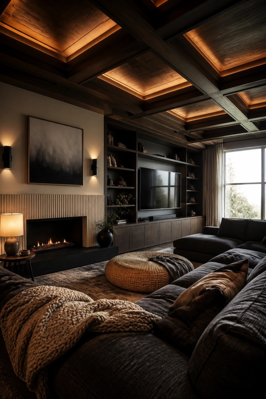 A living room with a dark wood paneled ceiling featuring recessed lighting, a fireplace on the left wall, and a large dark sectional sofa on the right.
