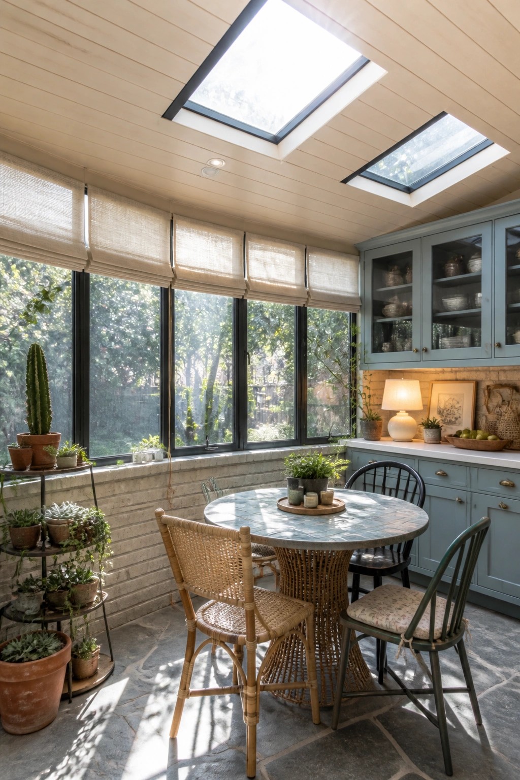 A bright interior room with a light wood plank ceiling, two large skylights, black-framed windows, blue cabinets, and a round table with woven chairs.