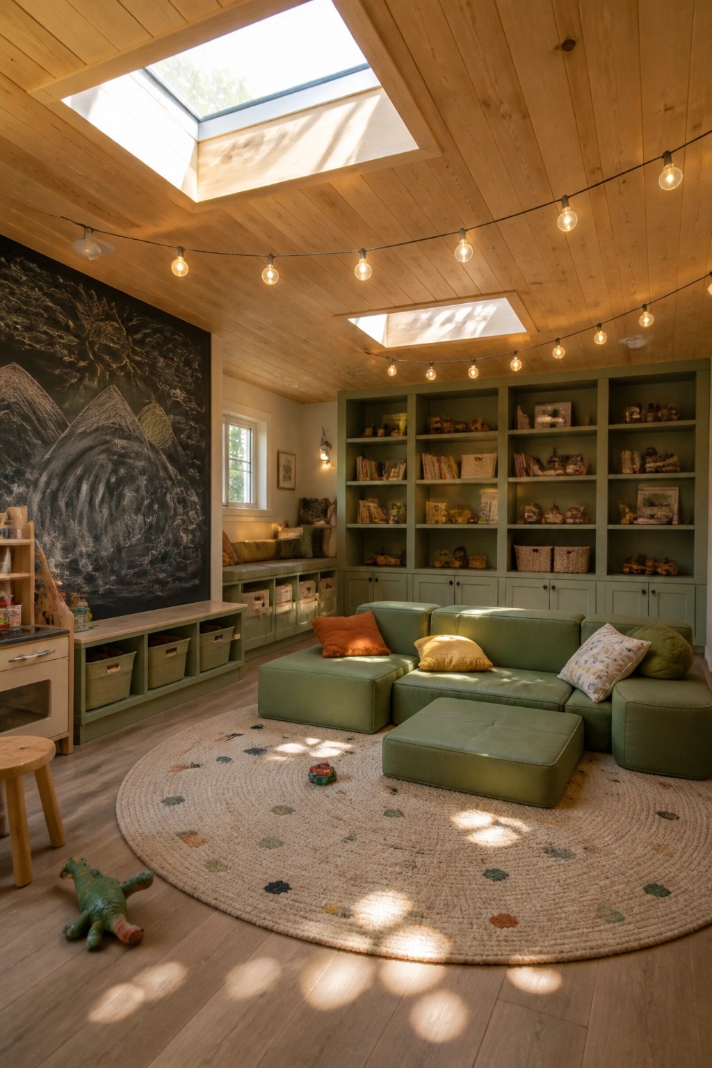 A children's playroom with a light wood plank ceiling, two large skylights, green modular seating, and a round woven rug on the floor.