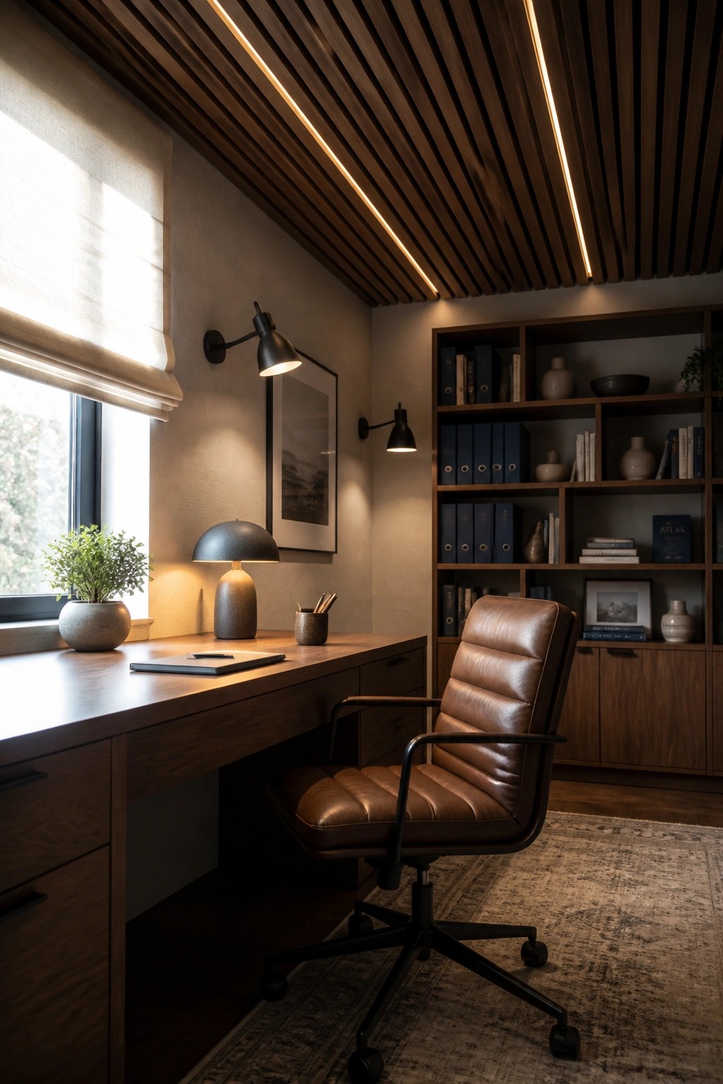 Interior of a home office showing a wooden desk, brown leather chair, built-in bookshelves, and a slatted wood ceiling with integrated linear lighting.