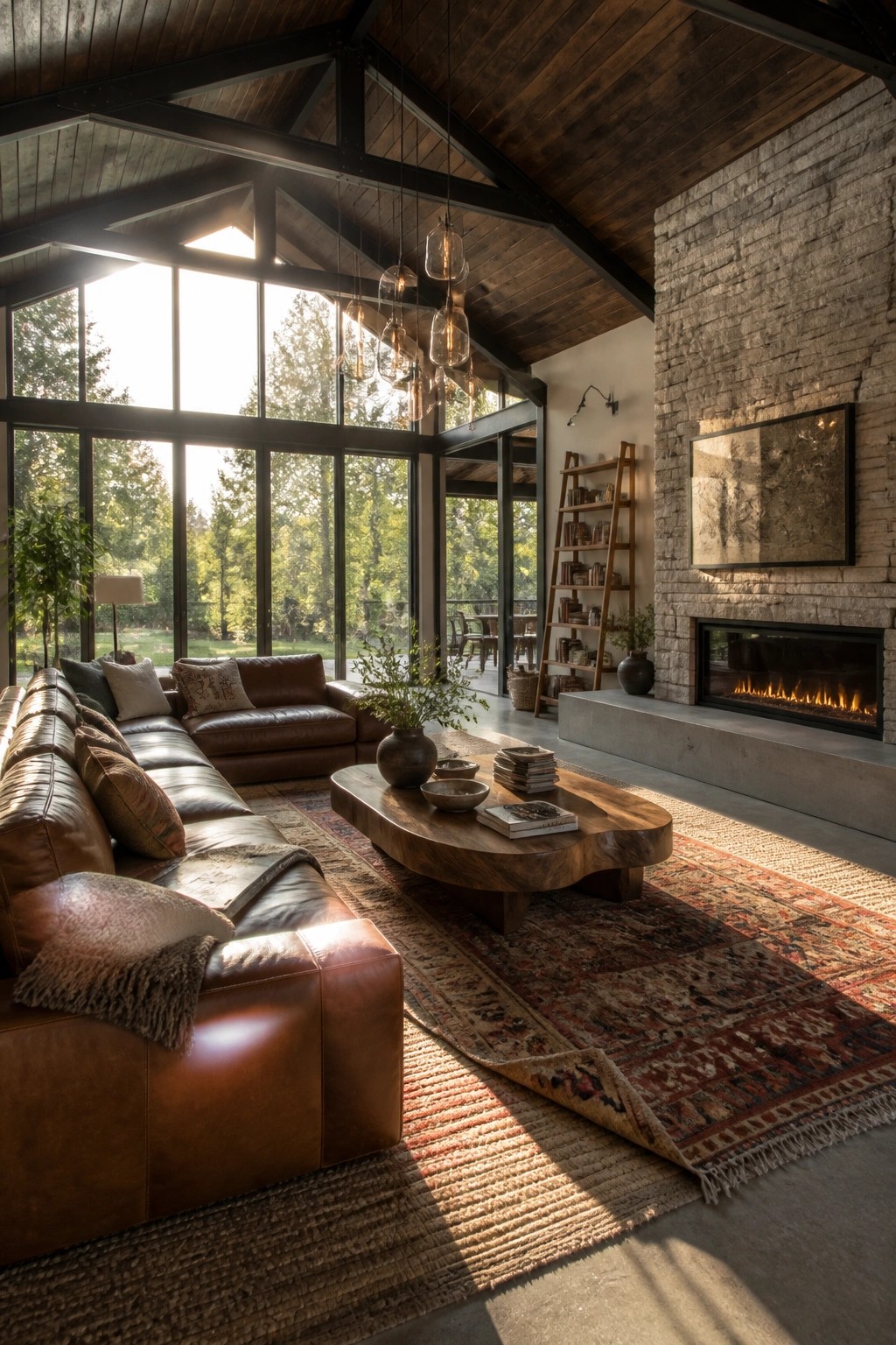 A living room with a dark wood vaulted ceiling and exposed beams, large windows, a brown leather sectional, a wooden coffee table, and a stone fireplace.