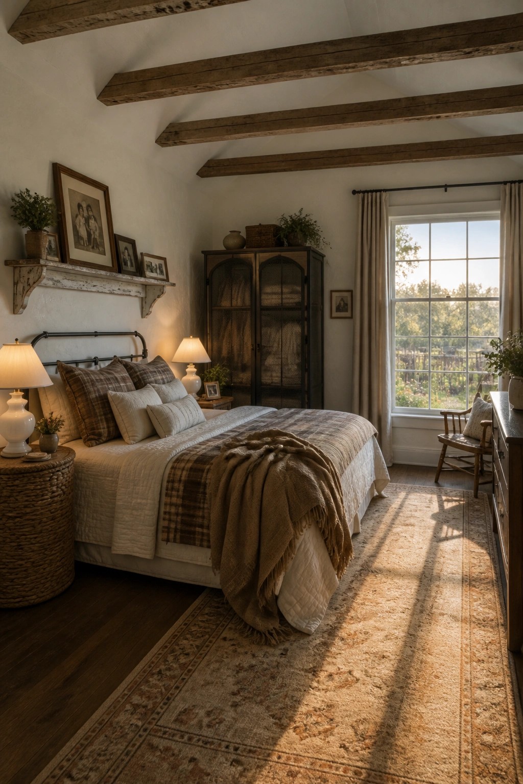 A bedroom interior with exposed wooden ceiling beams, a bed with neutral linens, and a large window with a garden view.