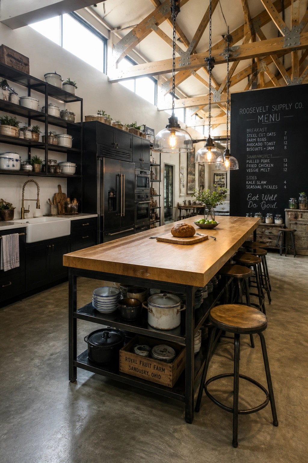 A large kitchen interior with a wooden island, black cabinetry, white farmhouse sink, and prominent exposed wooden ceiling beams in a vaulted space.