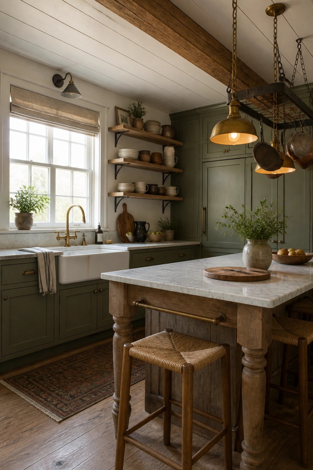Rustic kitchen with sage green cabinets, white farmhouse sink, marble island, and brass lights.