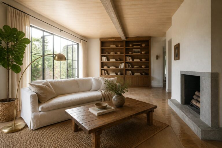 A living room with a light wood plank ceiling, white walls, a stone fireplace, built-in wooden bookshelves, a white sofa, and a wooden coffee table on a woven rug.
