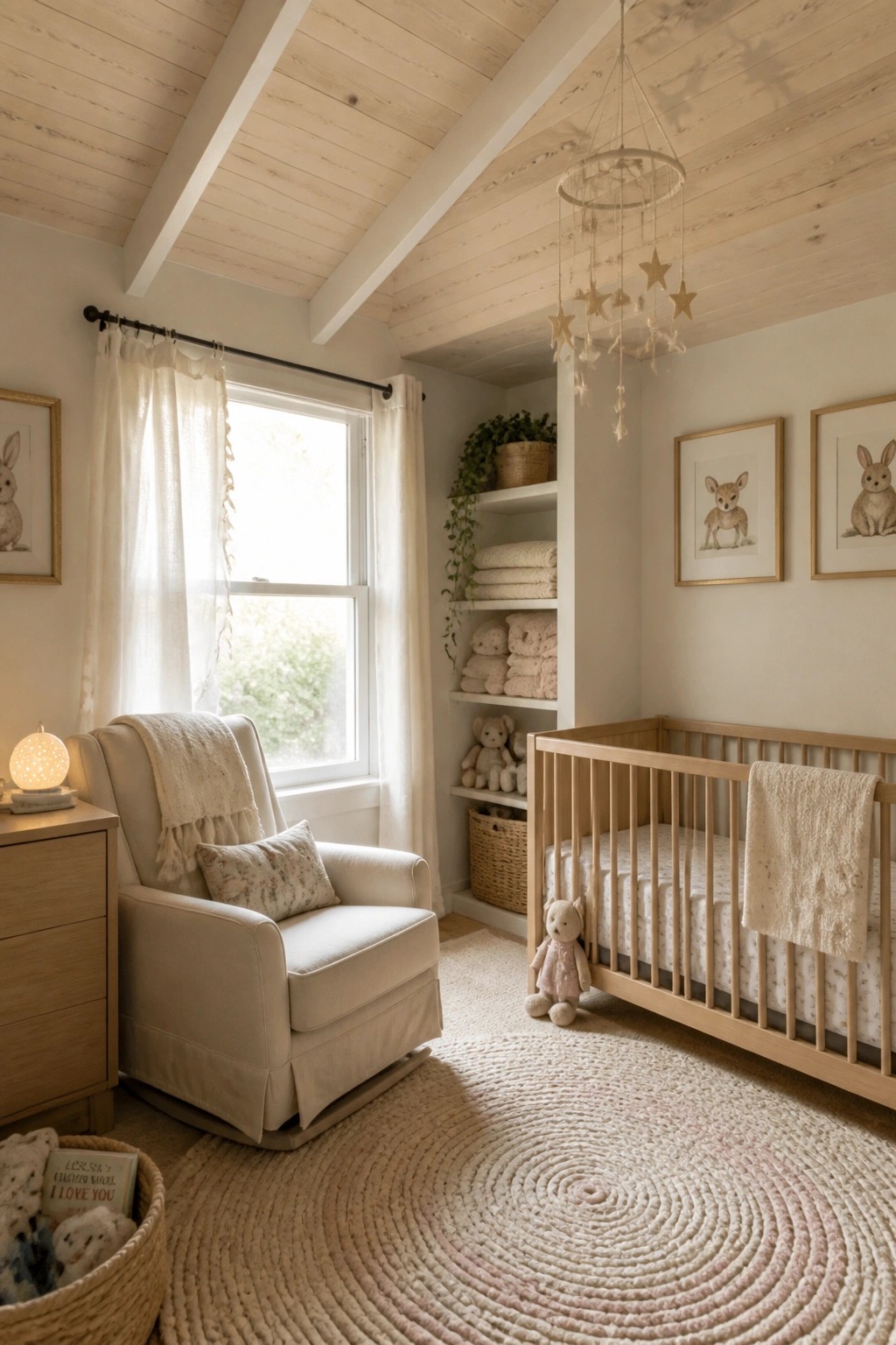 A nursery interior with a light wood vaulted ceiling, white rocking chair near a window, wooden crib, built-in shelves, and round woven rug.