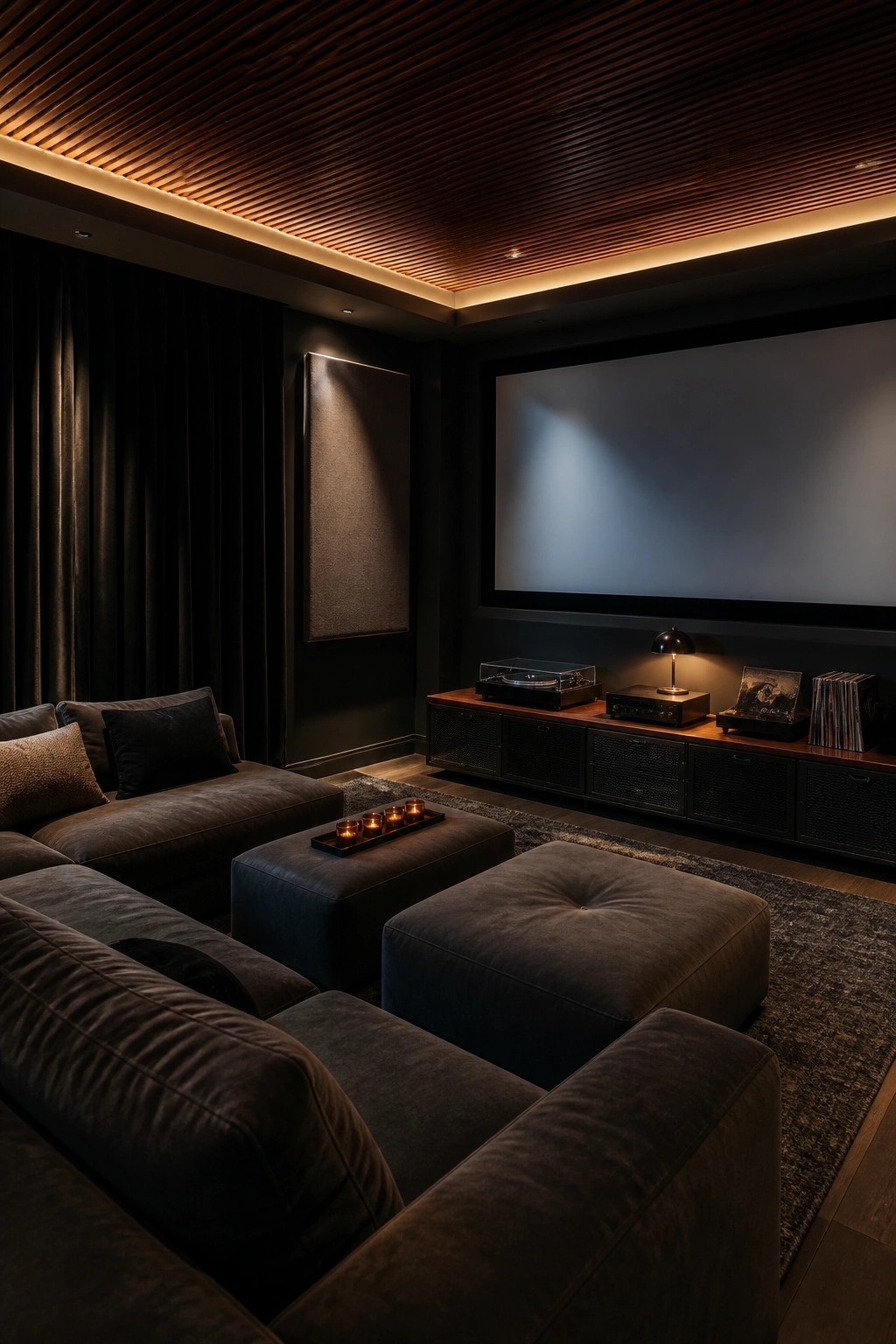 Dark modern home theater with plush sofas, large screen, and turntable console