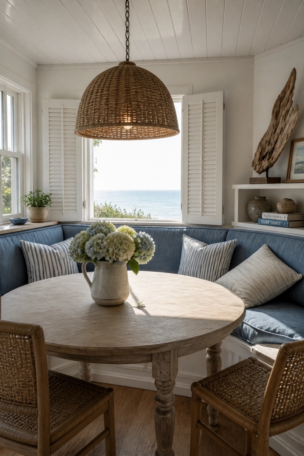 A dining nook with a round wooden table, blue banquette seating, woven chairs, and a large woven pendant light under a white wood plank ceiling.