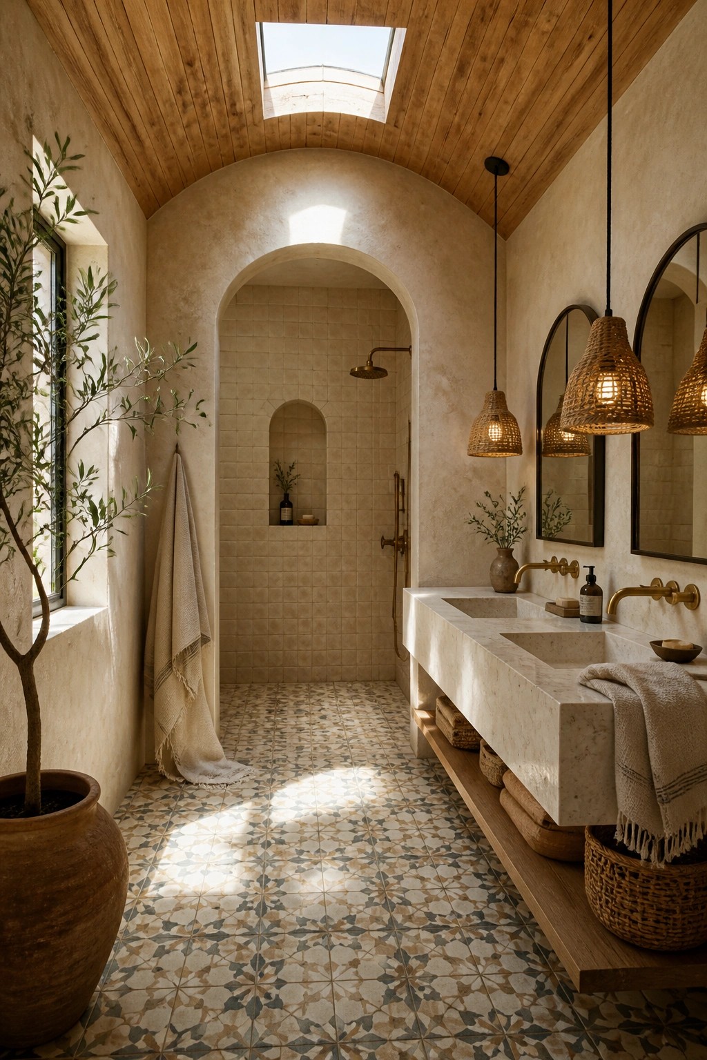 Bathroom interior featuring a wooden plank ceiling, arched tiled shower niche, patterned floor tiles, and a long marble vanity with woven pendant lights.