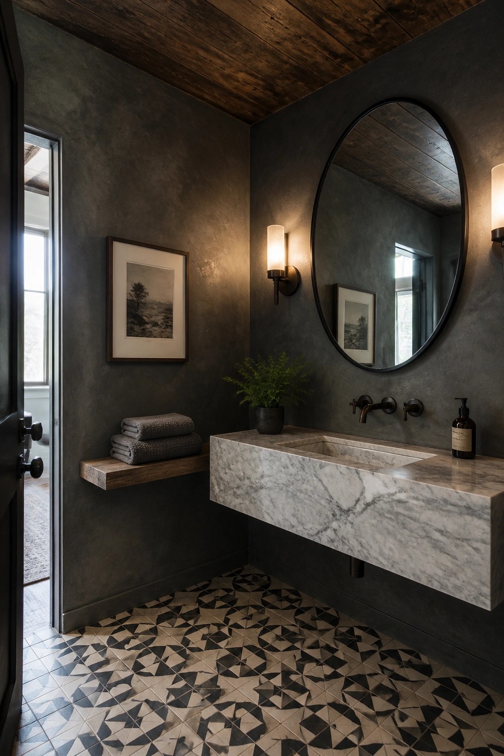 A bathroom interior featuring a dark wood plank ceiling, dark plaster walls, a floating marble vanity, and a round mirror above the sink.