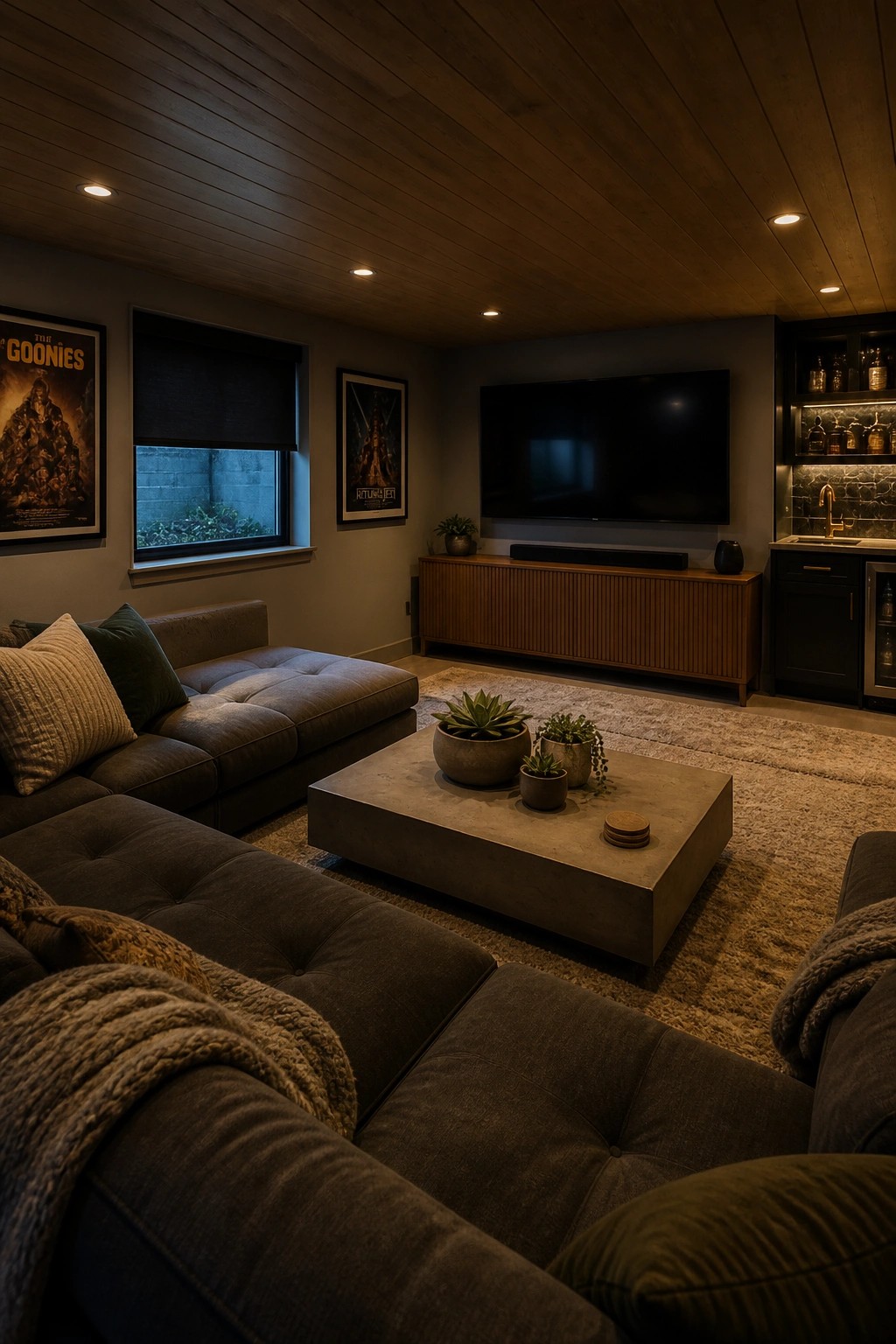 A living room featuring a dark wood plank ceiling with recessed lights, a large sectional sofa, a concrete coffee table, and a wall-mounted television above a wooden media console.