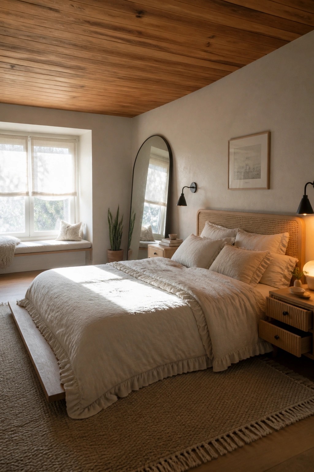 A bedroom with a horizontal wood plank ceiling, a low platform bed with beige bedding, and sunlight coming through a window onto the bed.