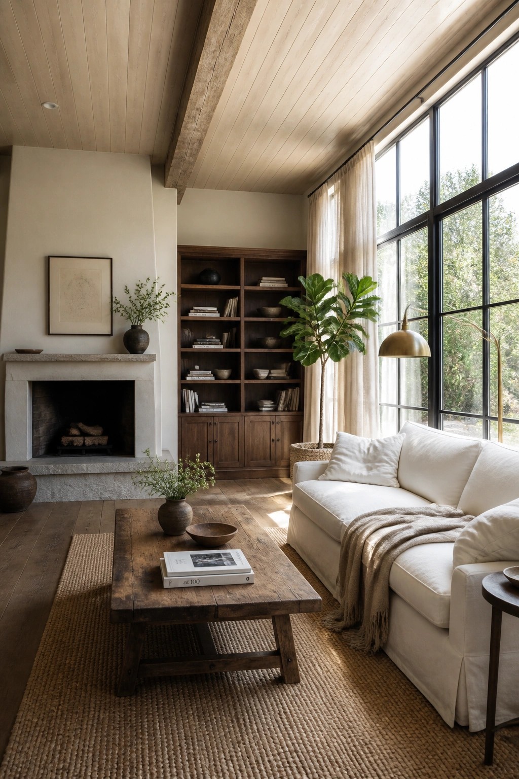 A living room with a light wood plank ceiling, white walls, a stone fireplace, built-in wooden bookshelves, a white sofa, and a wooden coffee table on a woven rug.